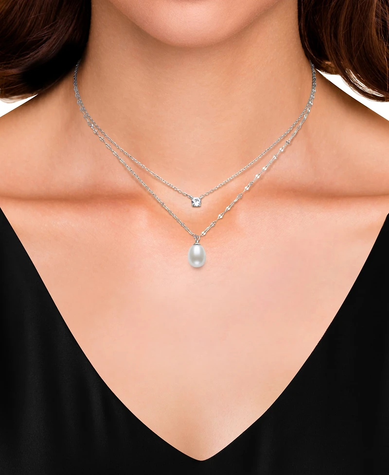 Belle de Mer Cultured Freshwater White Drop Pearl (8-9mm) and Lab Created Sapphire Necklace in Sterling Silver