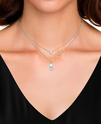 Belle de Mer Cultured Freshwater White Drop Pearl (8-9mm) and Lab Created Sapphire Necklace in Sterling Silver