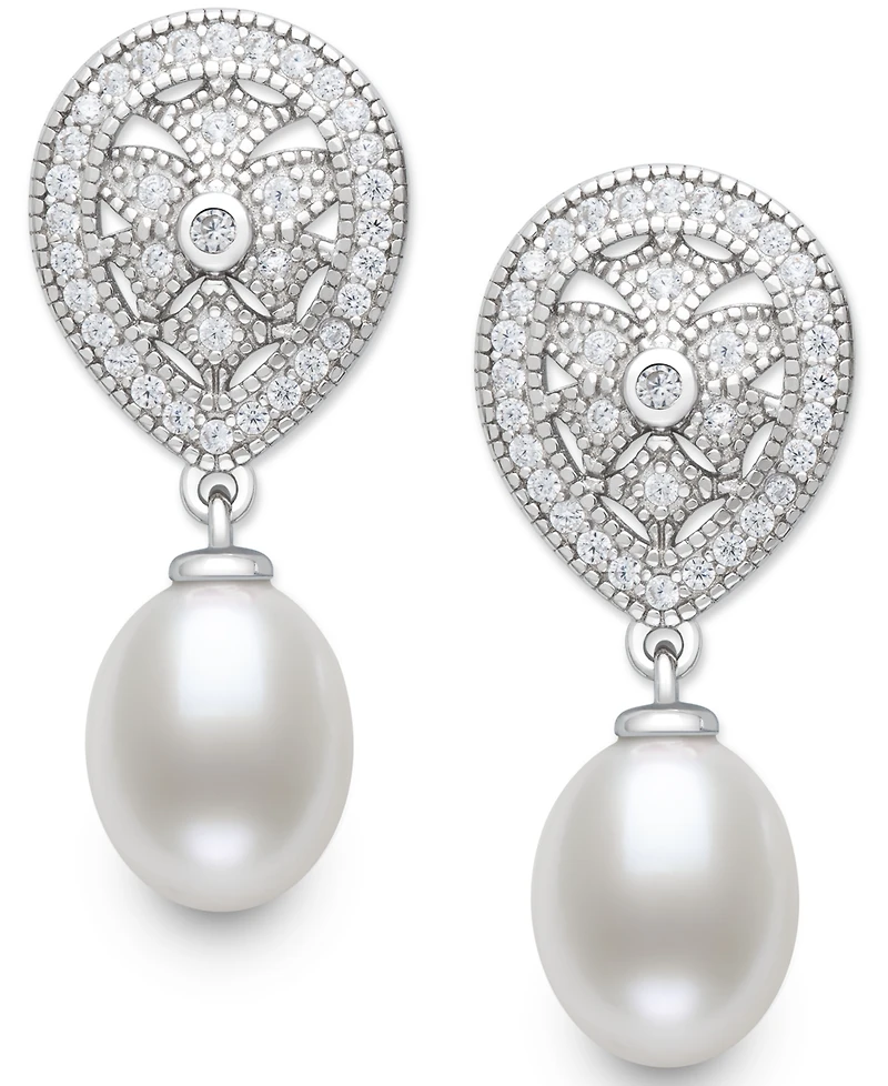 Belle de Mer Cultured Freshwater White Pearl (8-9mm) and Lab Created Sapphire Drop Earrings in Sterling Silver