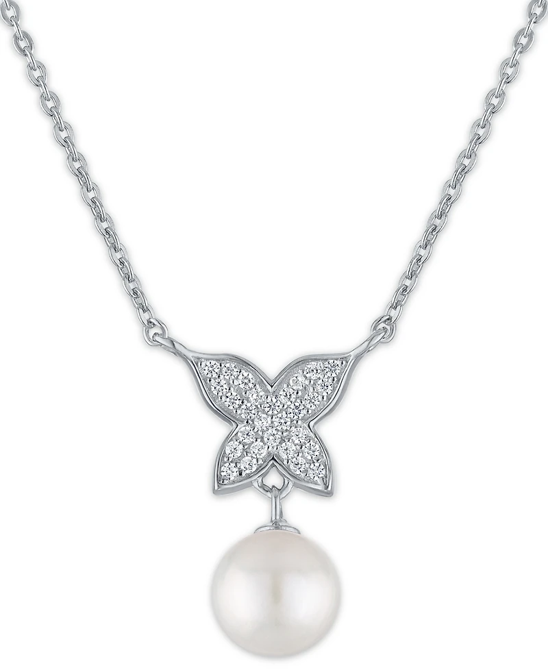 Macy's Cultured Freshwater Pearl (7.5-8mm) and Cubic Zirconia Butterfly Necklace in Sterling Silver