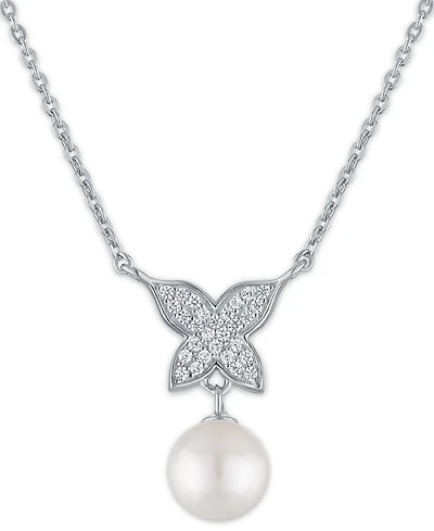 Macy's Cultured Freshwater Pearl (7.5-8mm) and Cubic Zirconia Butterfly Necklace in Sterling Silver