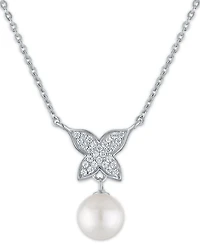 Macy's Cultured Freshwater Pearl (7.5-8mm) and Cubic Zirconia Butterfly Necklace in Sterling Silver