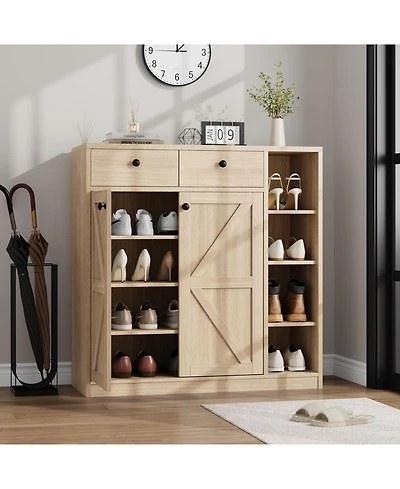 42" Tall Modern Shoe Storage Cabinet with Doors and Drawers, 3 Adjustable Shelves, 4-Tier Shoes Rack Organizer Cabinet for Entryway, Natural