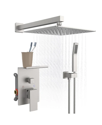 Rainsken Rainfall Shower System With Storage Rack 10 inch Shower Faucet Set Brushed Nickel with High Pressure with Square Shower Head