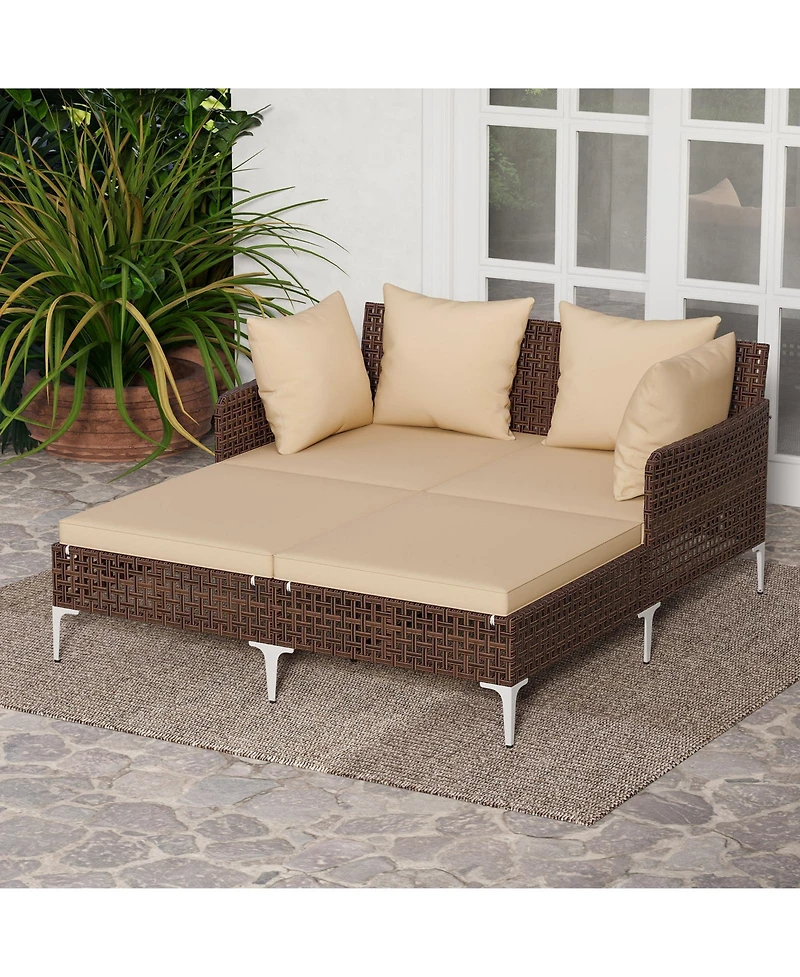 Gymax Outdoor Rattan Double Daybed Wicker Chaise Lounge for 2 w/ Seat & Back Cushions