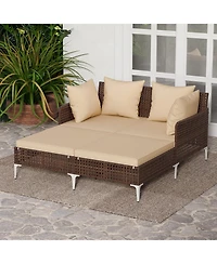 Gymax Outdoor Rattan Double Daybed Wicker Chaise Lounge for 2 w/ Seat & Back Cushions