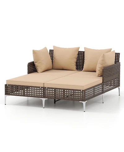 Gymax Outdoor Rattan Double Daybed Wicker Chaise Lounge for 2 w/ Seat & Back Cushions