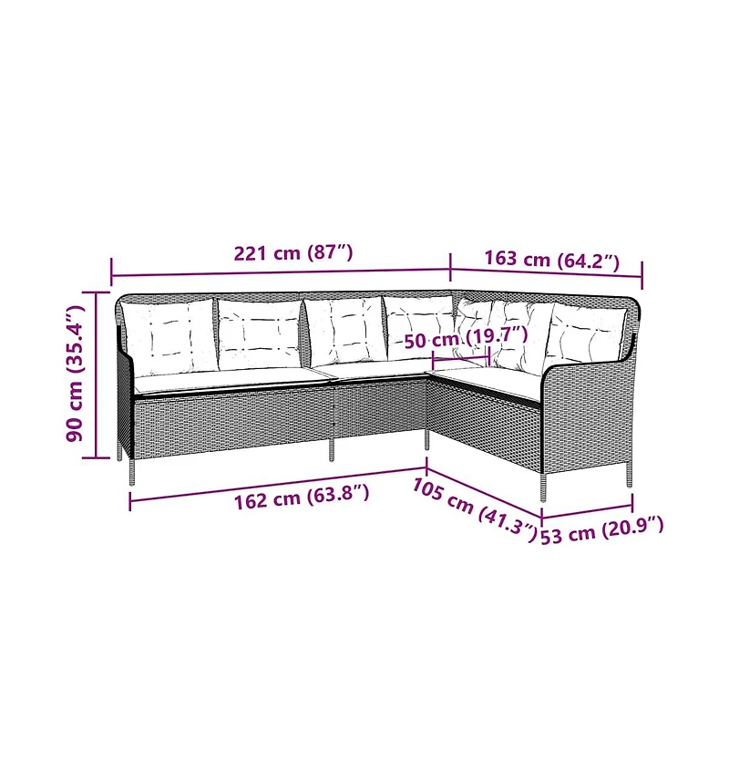 Patio Sofa Gray Poly Rattan, Powder-Coated Steel L-Shaped, 5-seater