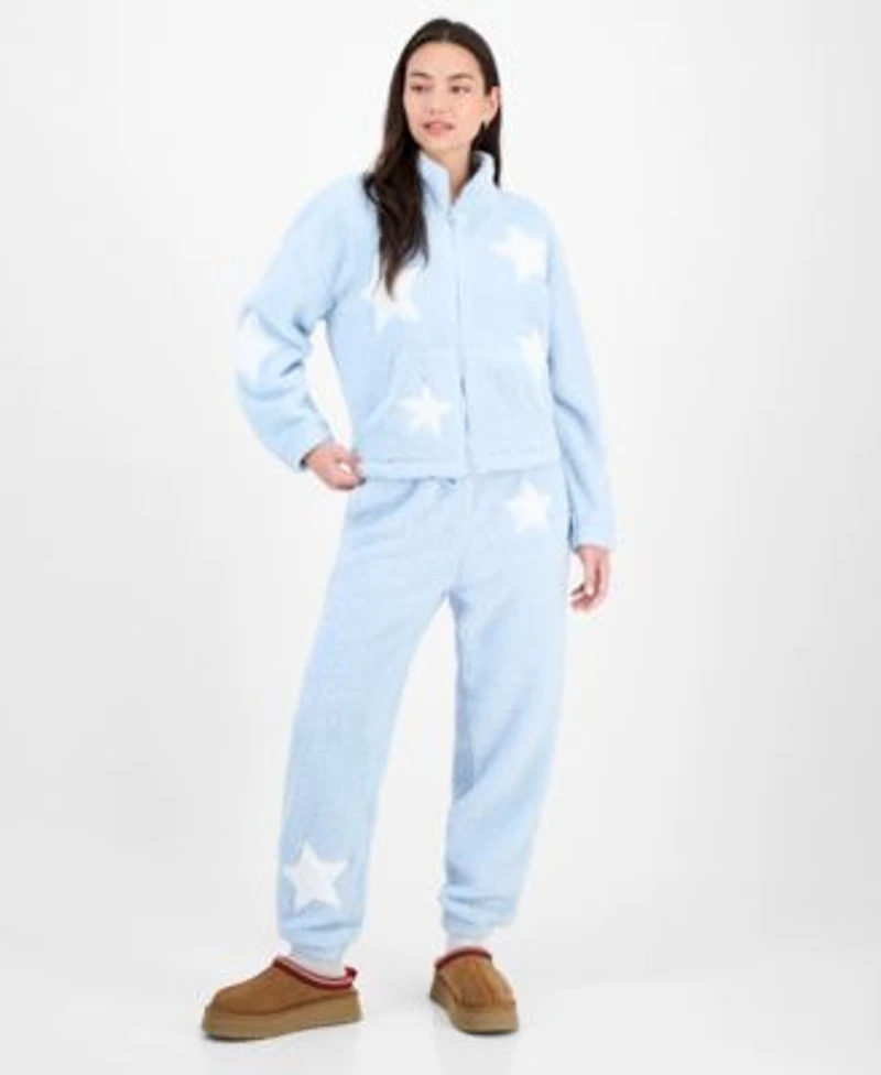 Madden Girl Juniors Star Sherpa Zip Up Sherpa Fleece Sweatpants