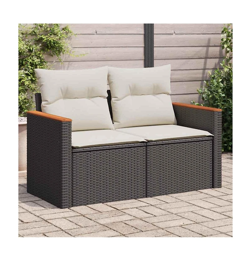 Garden Sofa Black Pe rattan, powder-coated steel, solid acacia wood