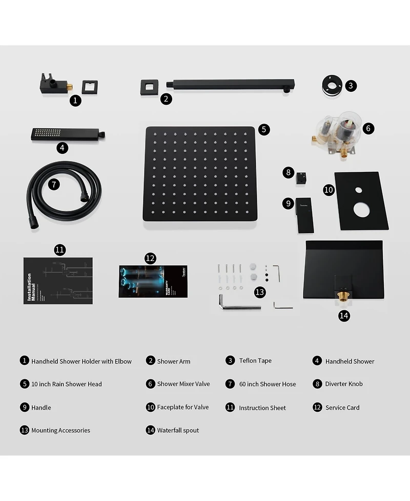 Rainsken Male Npt Waterfall Tub and Shower Faucet Set, 10-Inch Matte Black Rain Shower System, Black