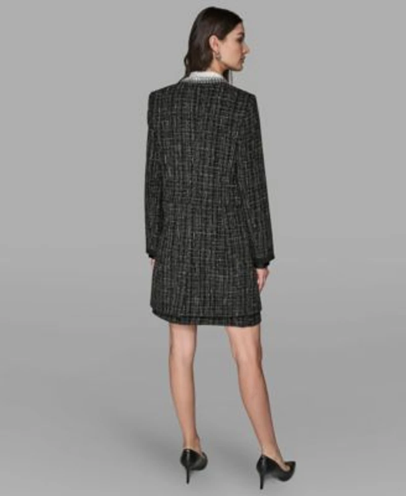 Karl Lagerfeld Paris Womens Round Neck Novelty Topper Jacket Color Block Long Sleeve Top Button Detail Mini Skirt