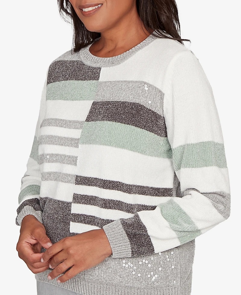 Alfred Dunner Petite Stockbridge Stripe Sequin Colorblock Chenille Sweater