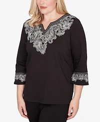 Alfred Dunner Petite Barcelona Embroidered Scroll Accent Soft Knit Top