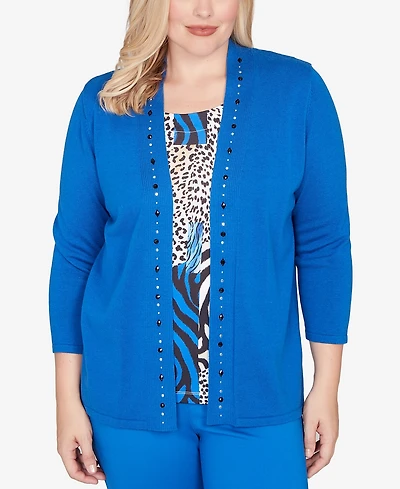 Alfred Dunner Petite Barcelona Vertical Animal Print Two One Sweater