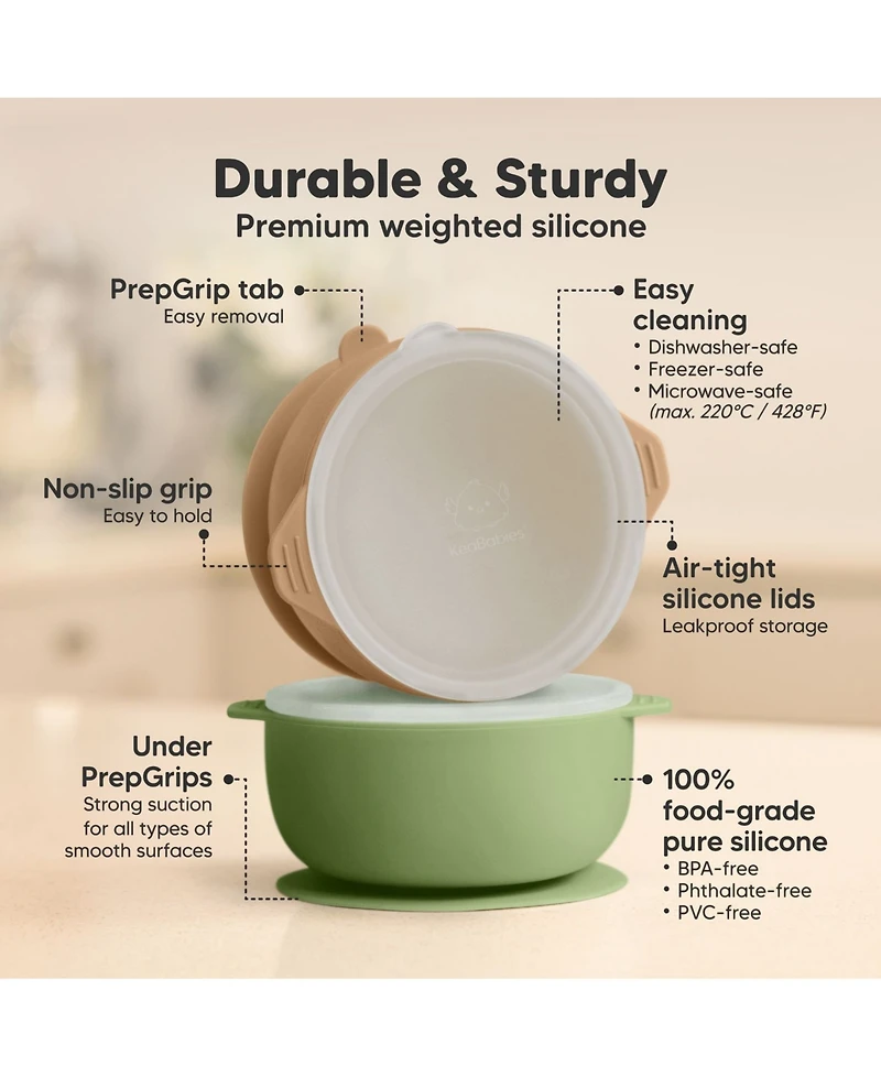 KeaBabies 2-Pack Prep Baby Bowls with Suctions & Lids, Silicone for Boy, Girl, Toddler Suction Bowl, Kids Bowl Bpa-Free