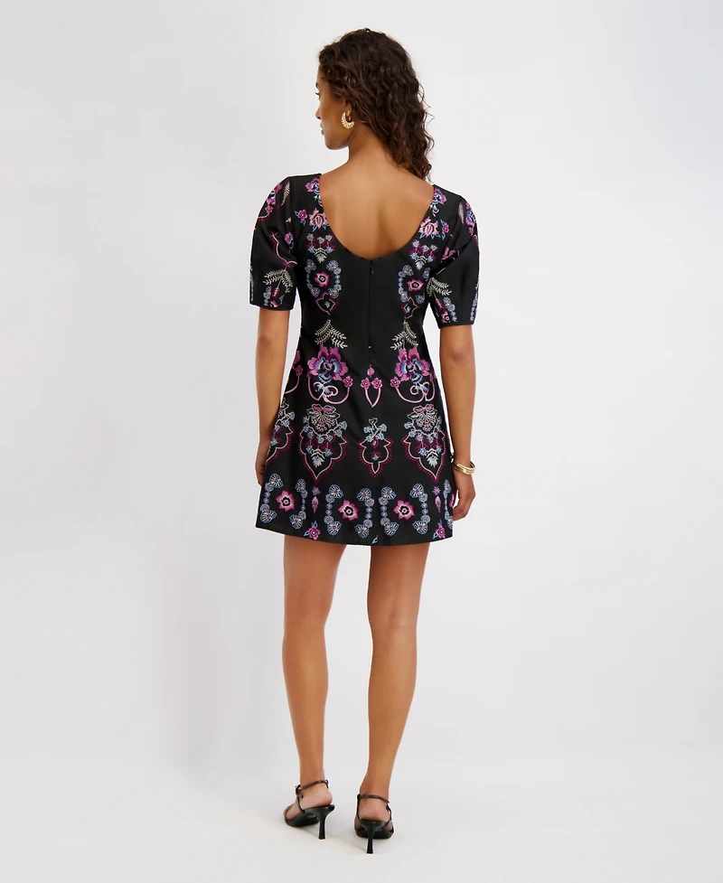 kensie Women's Scoop Neck Embroidered Woven Dress