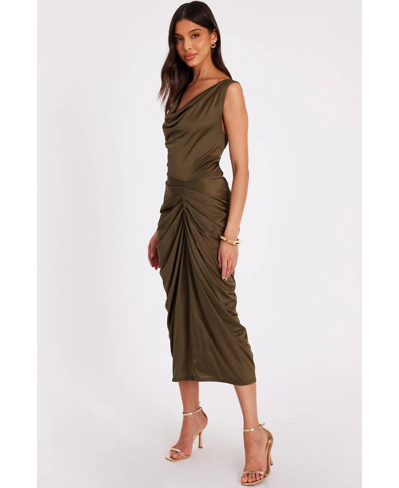 Quiz Women's Disco Cowl Hardware Detail Back Ruched Midi Dress