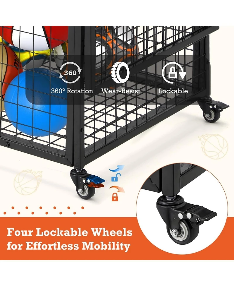 Aecojoy Ball Cart Storage, Rolling Basketball Bin with Wheels for Garage, School, Gym, Sports Equipment and Toy Organizer