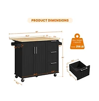 Kitchen Cart with Wood Top and Drop Leaf Breakfast Bar White