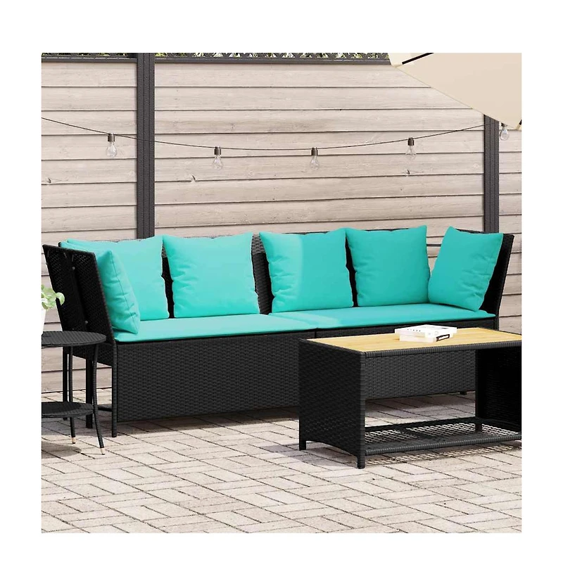 Patio Sofa with Cushions Black Poly Rattan