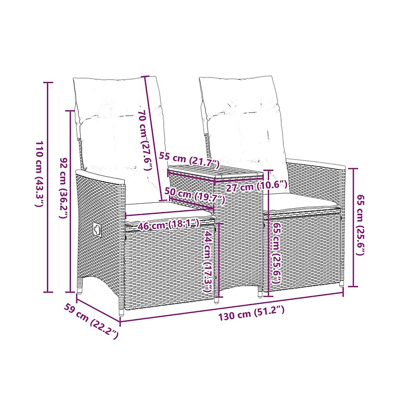 Reclining Garden Sofa Black Pe rattan 2-seater