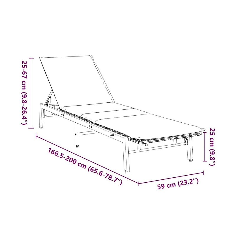 Sun Lounger Grey Pe Rattan, Powder-Coated Steel Adjustable
