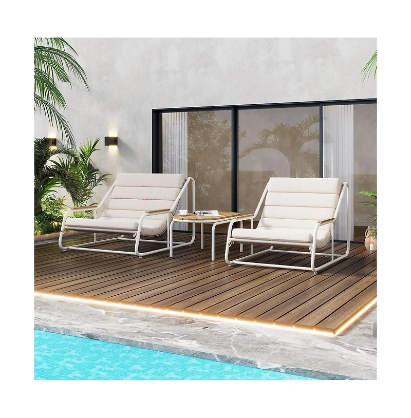 Chic Crate Outdoor Chaise Lounge Chairs Set of 3 with Acacia Side Table, Patio Pool Loungers for Lawn & Deck