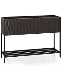 Gymax Elevated Planter Box Raised Garden Bed w/ Rattan Surface Bottom Storage Shelf & Removable Liner