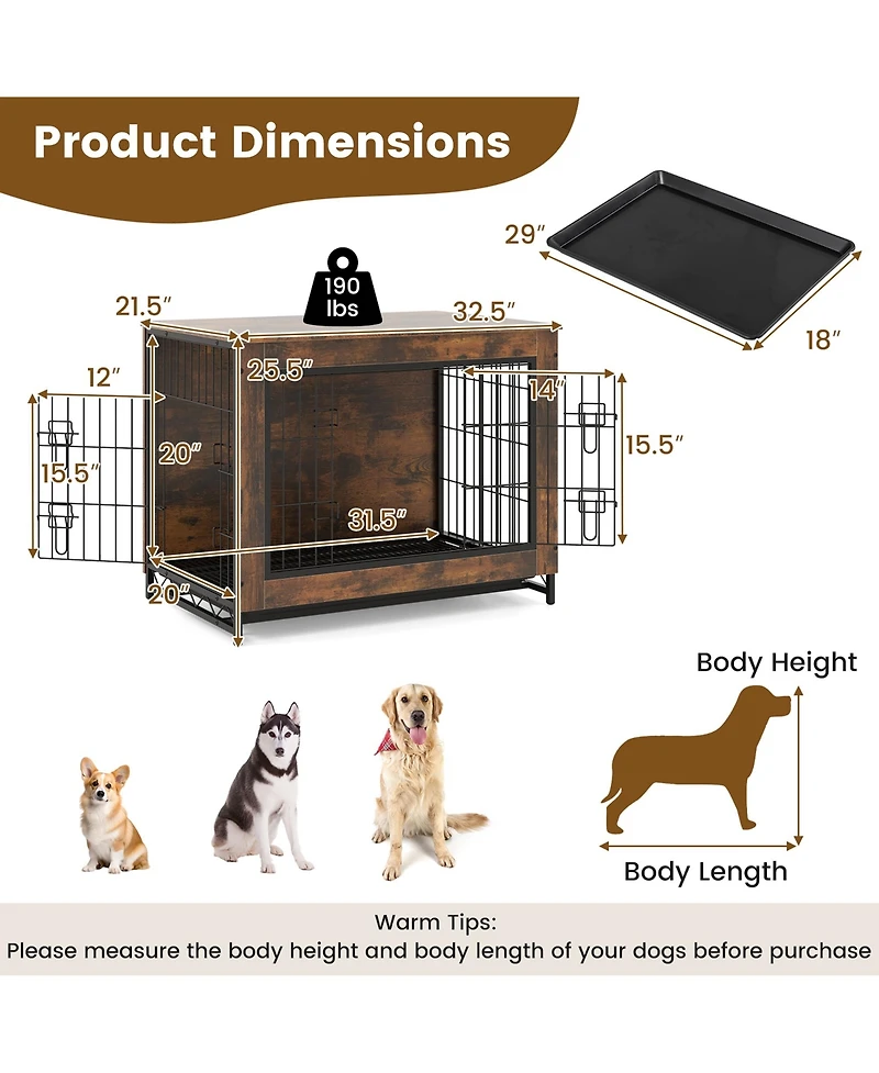 Gymax Industrial Dog Crate Furniture Heavy-duty Kennel Cage w/ 3 Chew-proof Walls Large