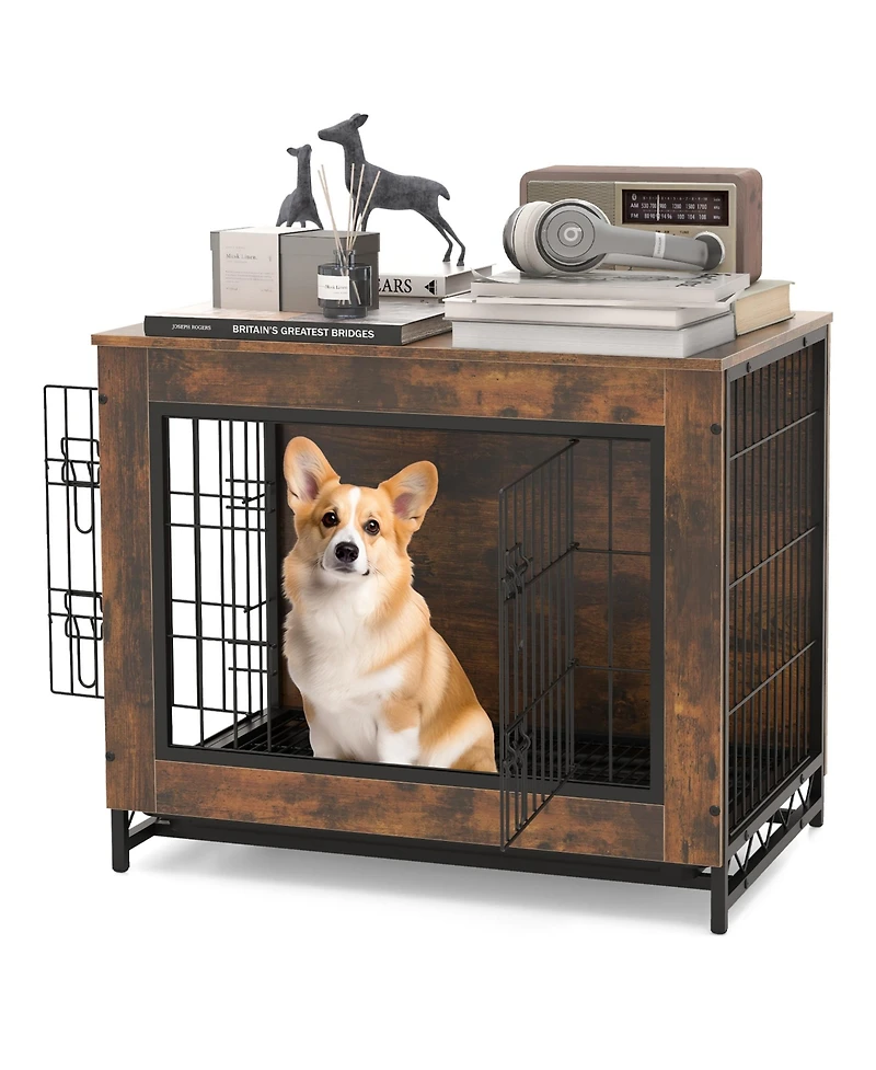 Gymax Industrial Dog Crate Furniture Heavy-duty Kennel Cage w/ 3 Chew-proof Walls Large