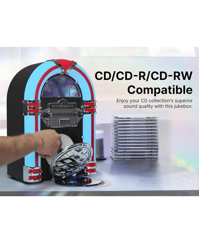 Victor Broadway Desktop Bluetooth Led Jukebox Speaker with Cd Player and Fm Radio - Mahagony