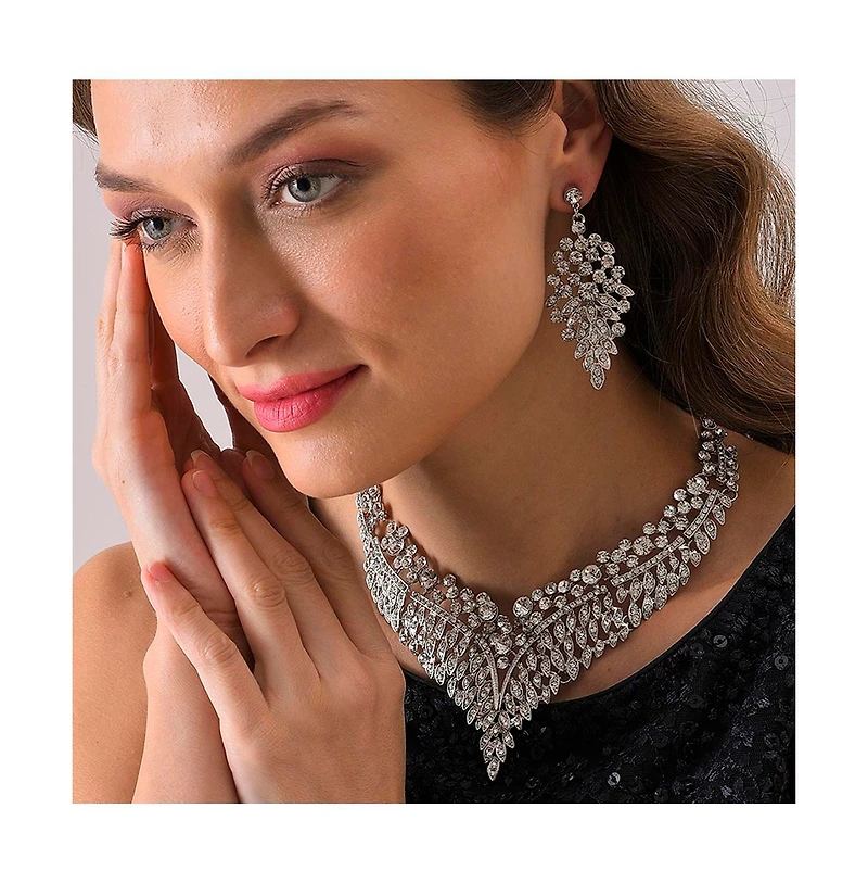 Sohi Women's Silver Leaf Bling Cluster Necklace And Earrings (Set Of 2)