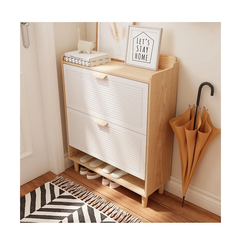 Chic Crate-31.5in Nordic Shoe Storage Cabinet 2 Flip-Drawer Organizer | Solid Wood Legs | Entryway/Narrow | White/Solid Wood