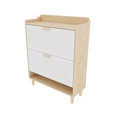 Chic Crate-31.5in Nordic Shoe Storage Cabinet 2 Flip-Drawer Organizer | Solid Wood Legs | Entryway/Narrow | White/Solid Wood
