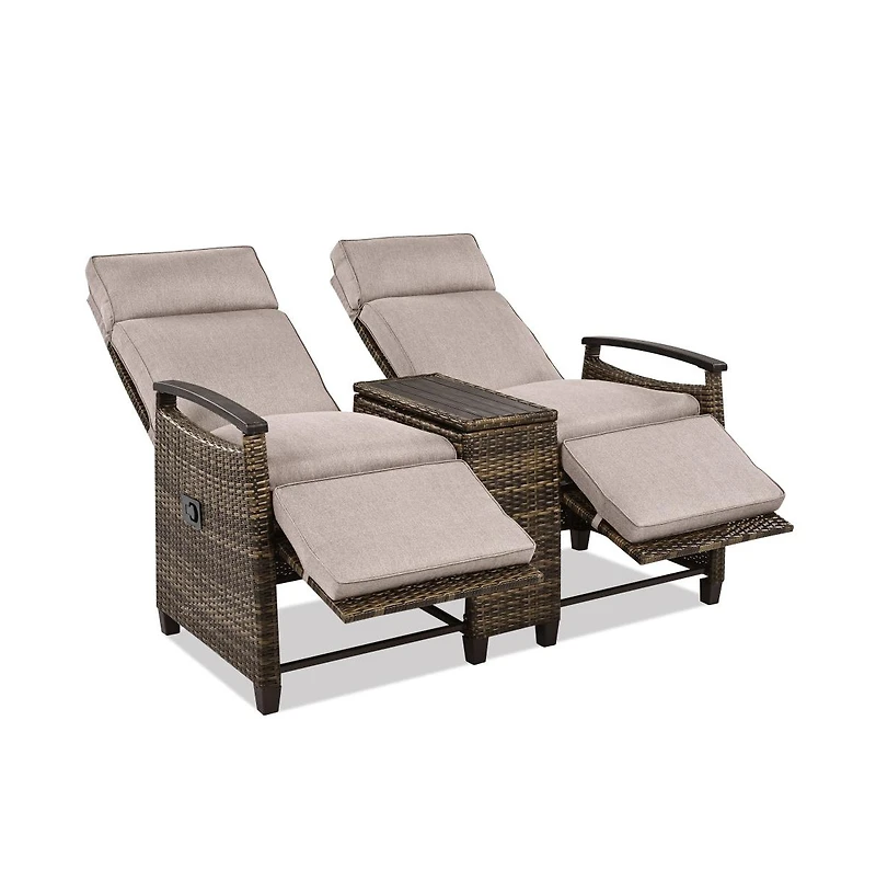 Chic Crate-Adjustable Backrest Wicker Outdoor Recliner Loveseat Set with Acacia Wood Armrests & Built-in Storage Table (Brown)