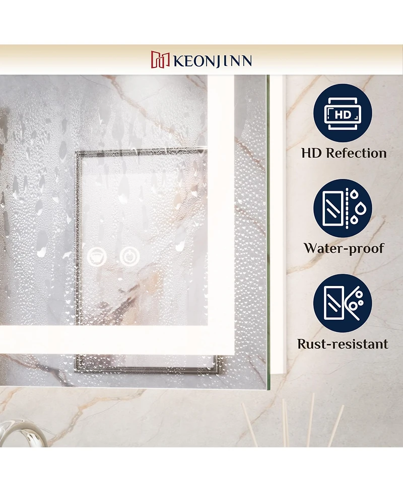 keonjinn Inch Led Bathroom Vanity Mirror Tempered Glass Front & Backlit Dimmable 3 Color Lighted Mirror Anti-fog Memory Function Frameless