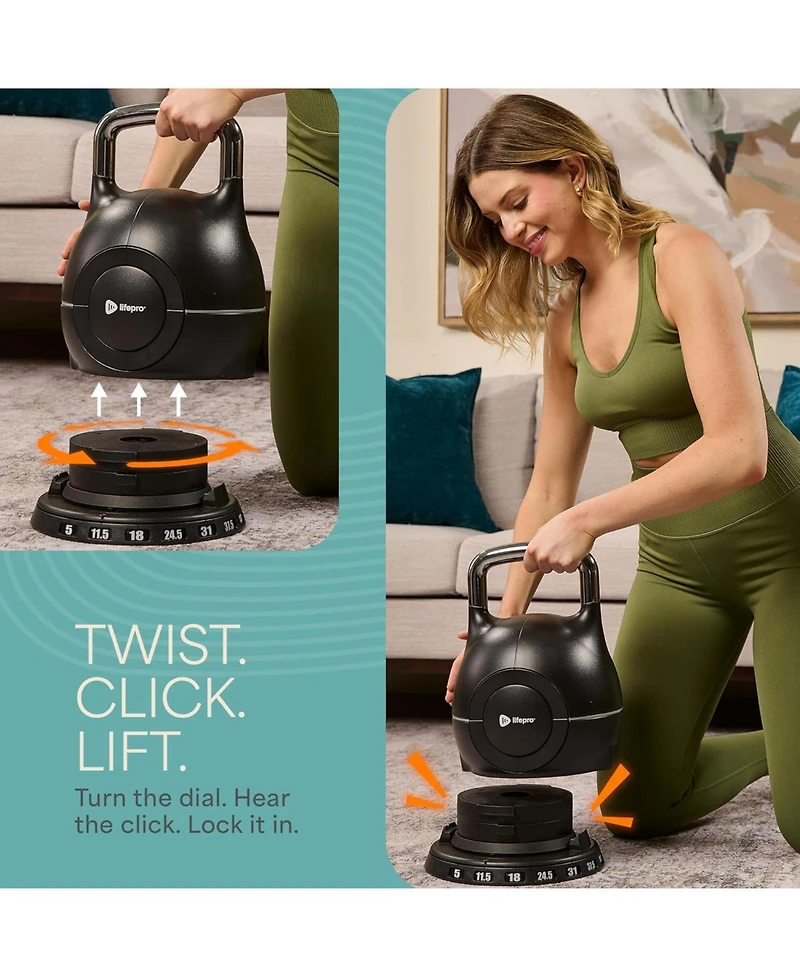 Lifepro Boulder Adjustable Kettlebell – 7-in-1 Weight Set (5–44 lb) with Quick-Select Dial for Full-Body Strength Training