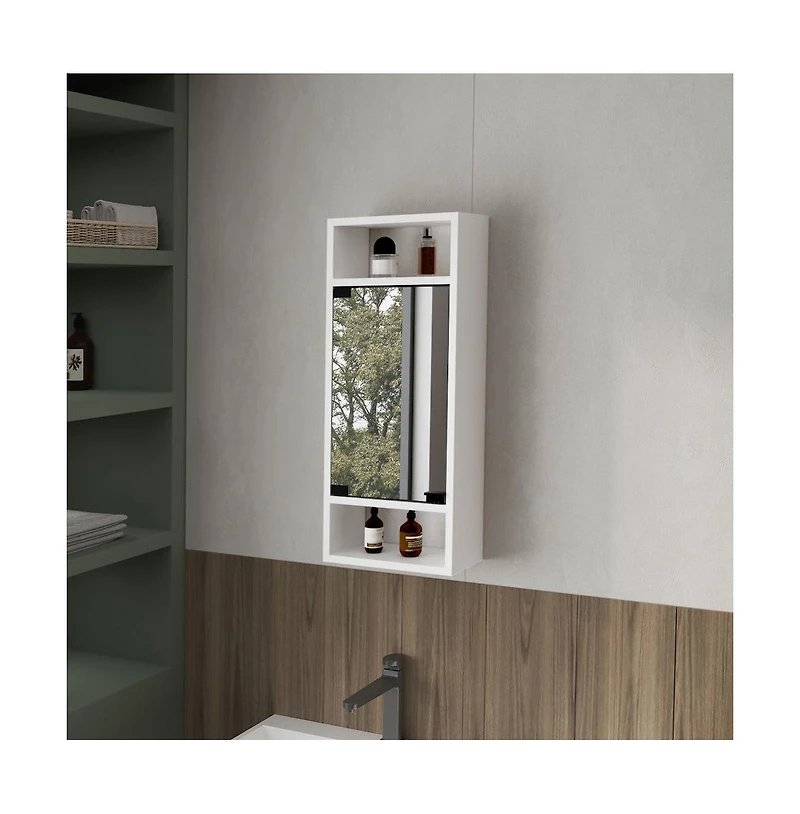Chic Crate-Pine-Like Medicine Cabinet Mirrored Door & Open Storage | White