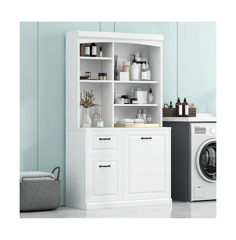 Chic Crate White Bathroom Tilt-Out Hamper Cabinet 70.9" Tall Freestanding Organizer | Adjustable Shelves & Drawers | Steel Handles