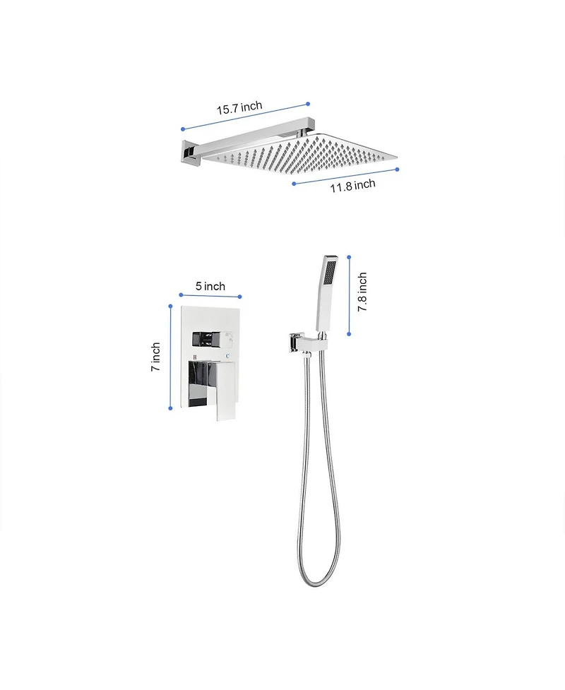 Rainsken 12" Rain Chrome Shower Head Systems Wall Mounted Shower Full Body Coverage Square Shower Head