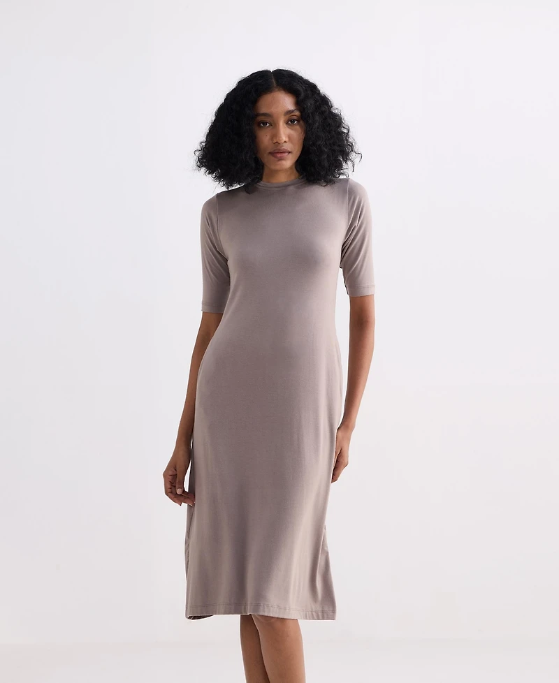 Reistor Women's High Crew Neck Elbow Sleeves Fitted Dress Dusty Brown