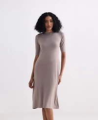 Reistor Women's High Crew Neck Elbow Sleeves Fitted Dress Dusty Brown