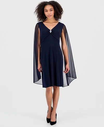 Connected Women's Rhinestone-Trim Cape-Overlay Dress