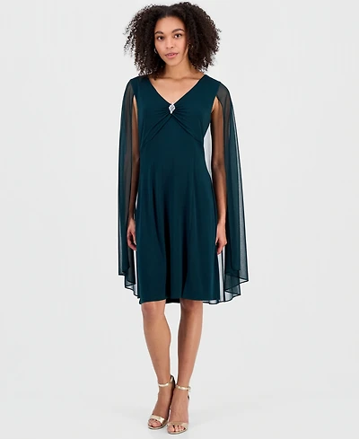 Connected Women's Rhinestone-Trim Cape-Overlay Dress