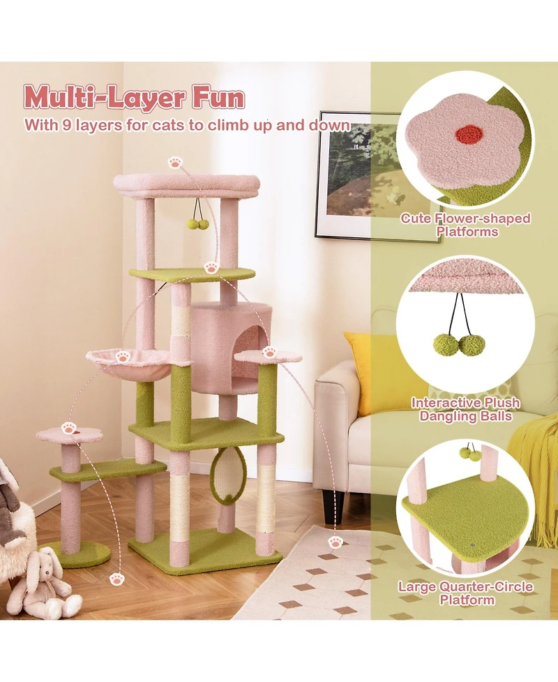 Gymax 58'' Plush Cat Tree Floral Climbing Tree Multi-level Cat Tower w/ Round Basket