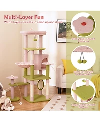 Gymax 58'' Plush Cat Tree Floral Climbing Tree Multi-level Cat Tower w/ Round Basket