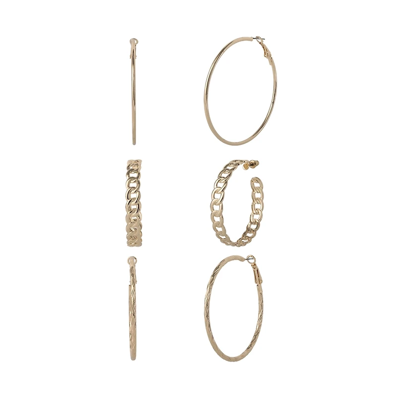 Jessica Simpson 3-Piece Hoop and Chain Hoop Earring Set in Gold-Tone