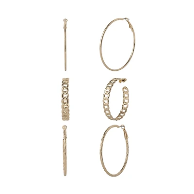 Jessica Simpson 3-Piece Hoop and Chain Hoop Earring Set in Gold-Tone