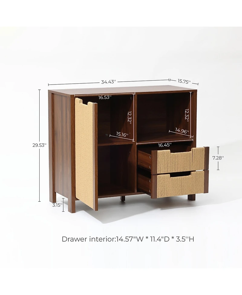 LuxenHome Walnut Finish Storage Cabinet with Rope Drawer Front, 1 Door, 2 Drawers, Mdf Wood